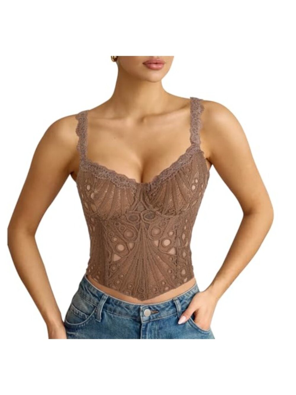 Lace Corset Top Sheer Floral Bustier Lace-Up Bralette Club Party Crop